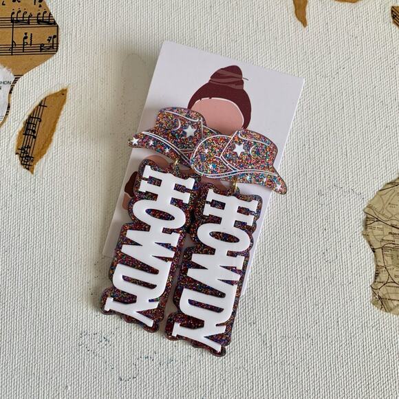 Disco Cowgirl Howdy Multicolor Glitter Charm Drop Festival Statement Earrings - Picture 1 of 6